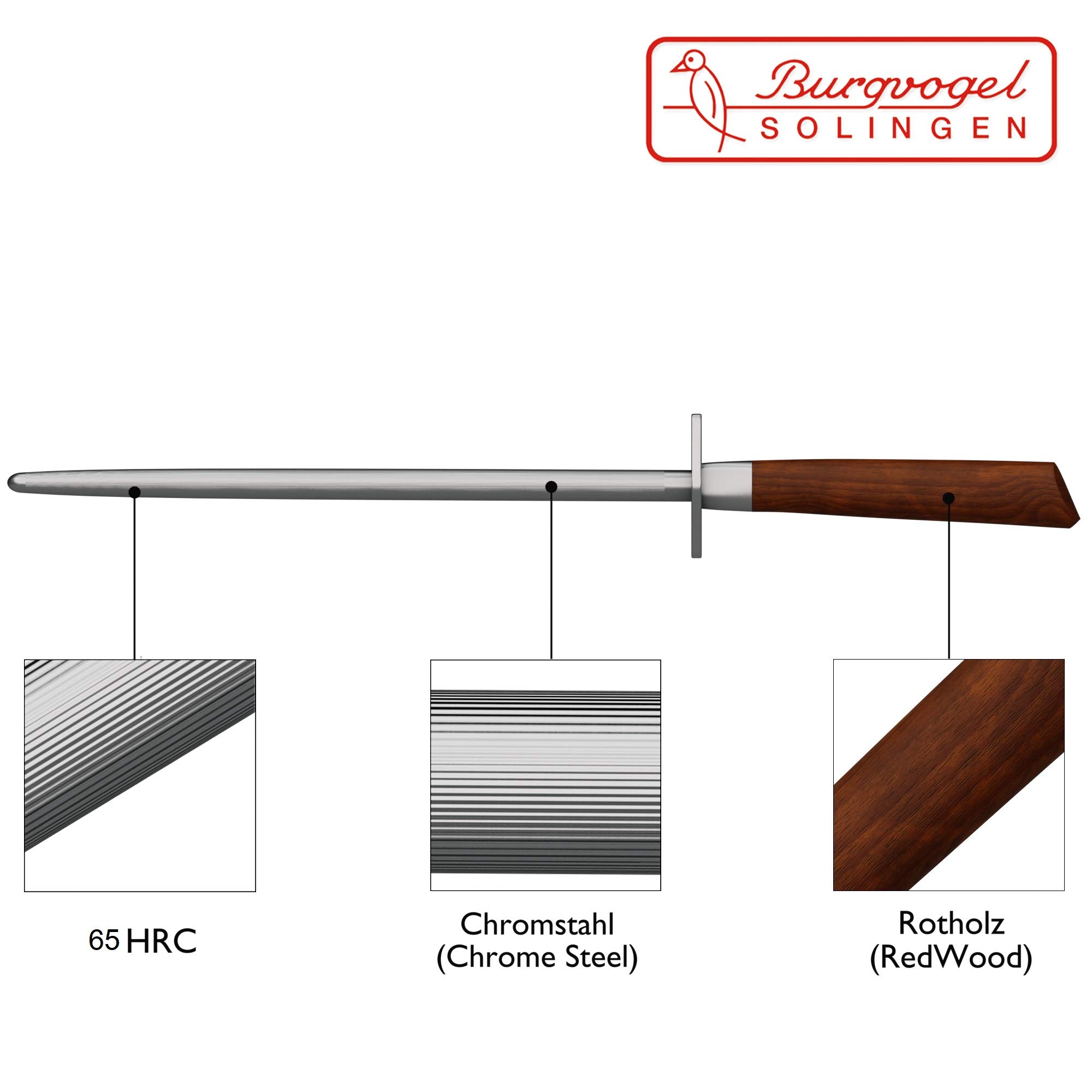 Burgvogel Solingen Natura Line, Wetzstahl rund, 26 cm, rostfrei, Messerschärfer, Made in Germany Braun Rot