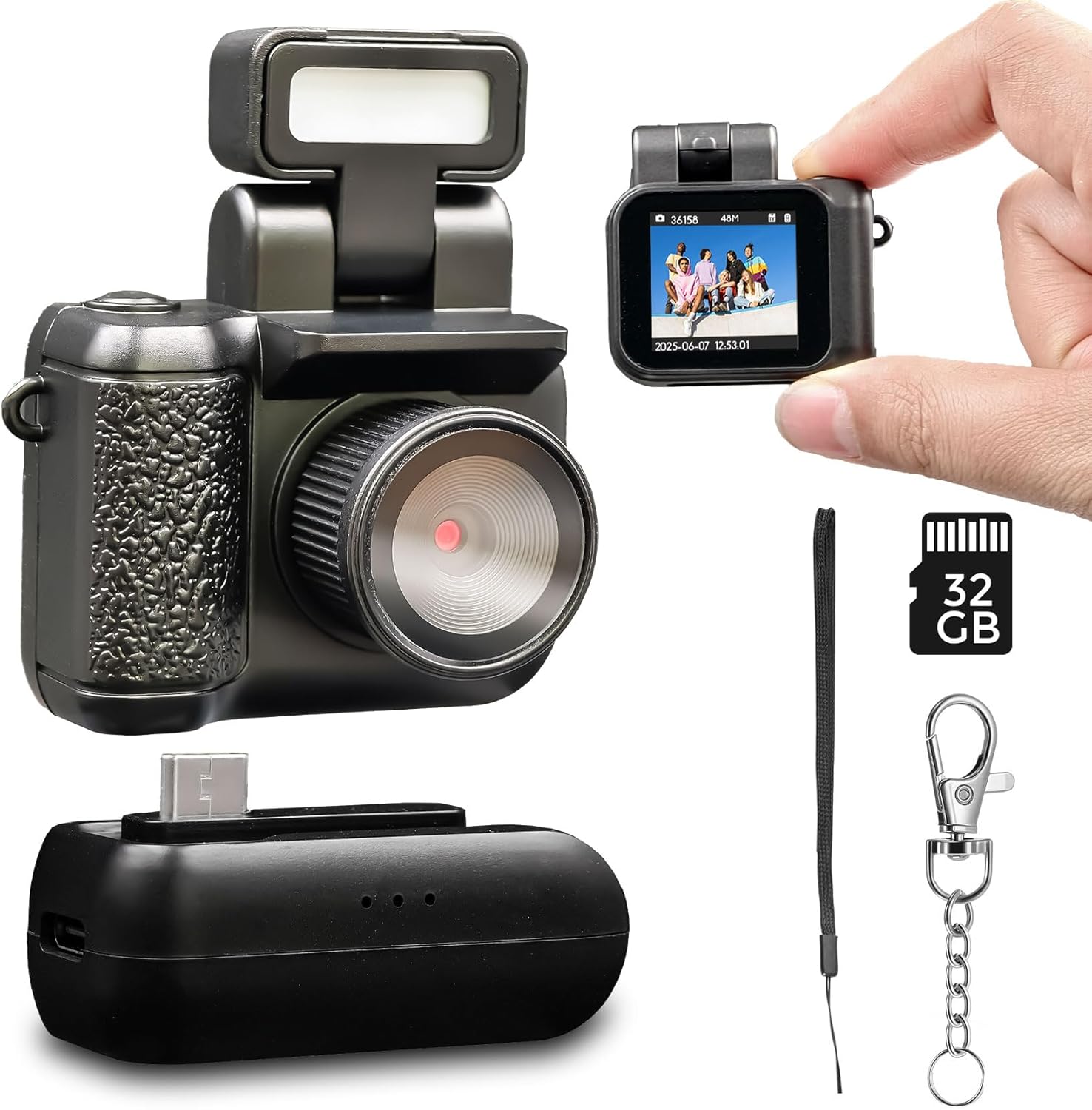 Small Digital Camera Keychain with Flash Light 1080p Tiny Camera Mini Retro Micro 1.4 in LCD Screen 32GB Card Charging Base Compact Portable Recorder for Travel Study Recording (Black)