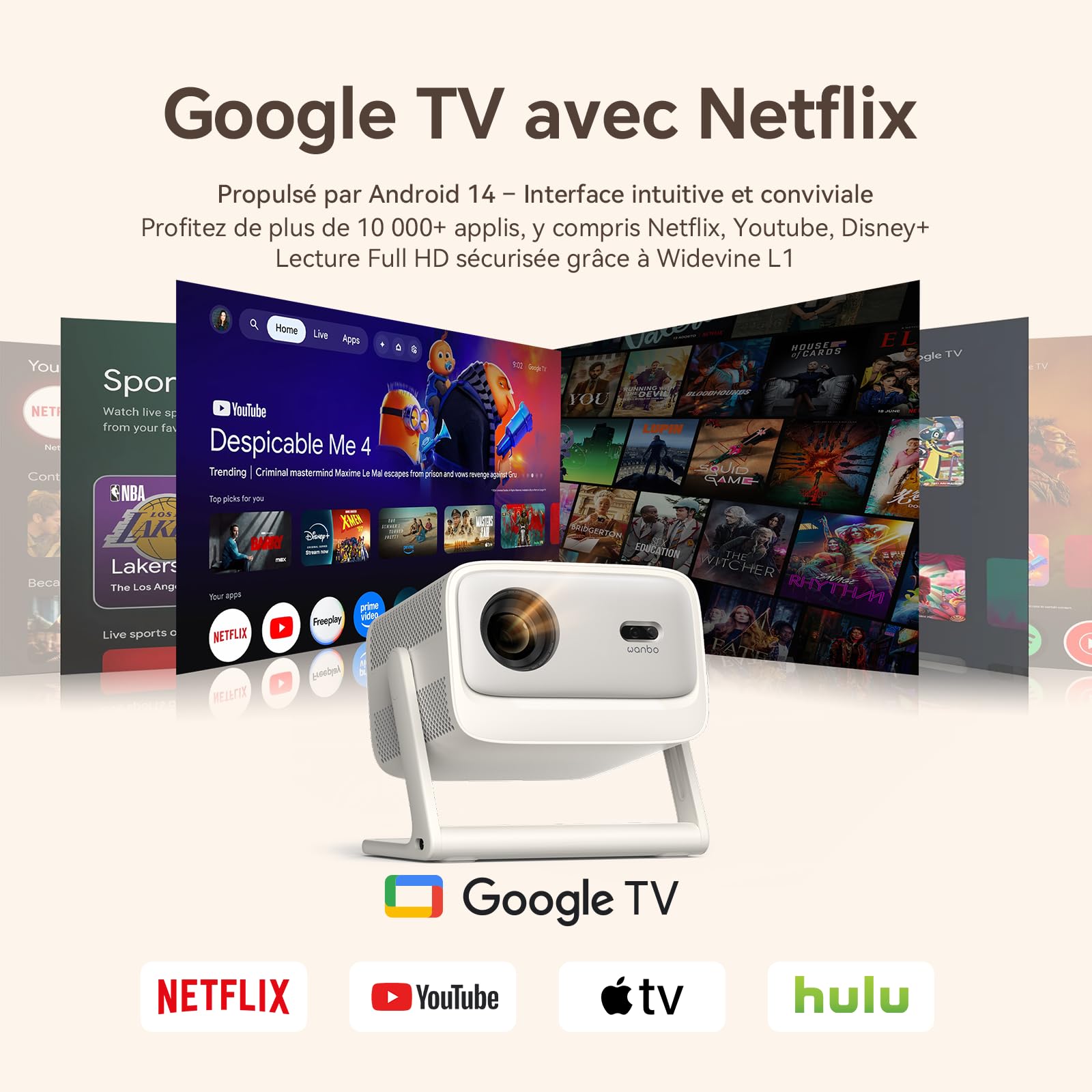 Wanbo Vali 1 Pro Vidéoprojecteur avec Google TV & Netflix, 900 ANSI Lumens, Compatible 4K, 1080P Natif, Dolby Audio 12W, HDR10 MEMC, Rotation 200°, Auto Focus, Keystone, HDMI 2.1, 2+32GB Home Cinéma