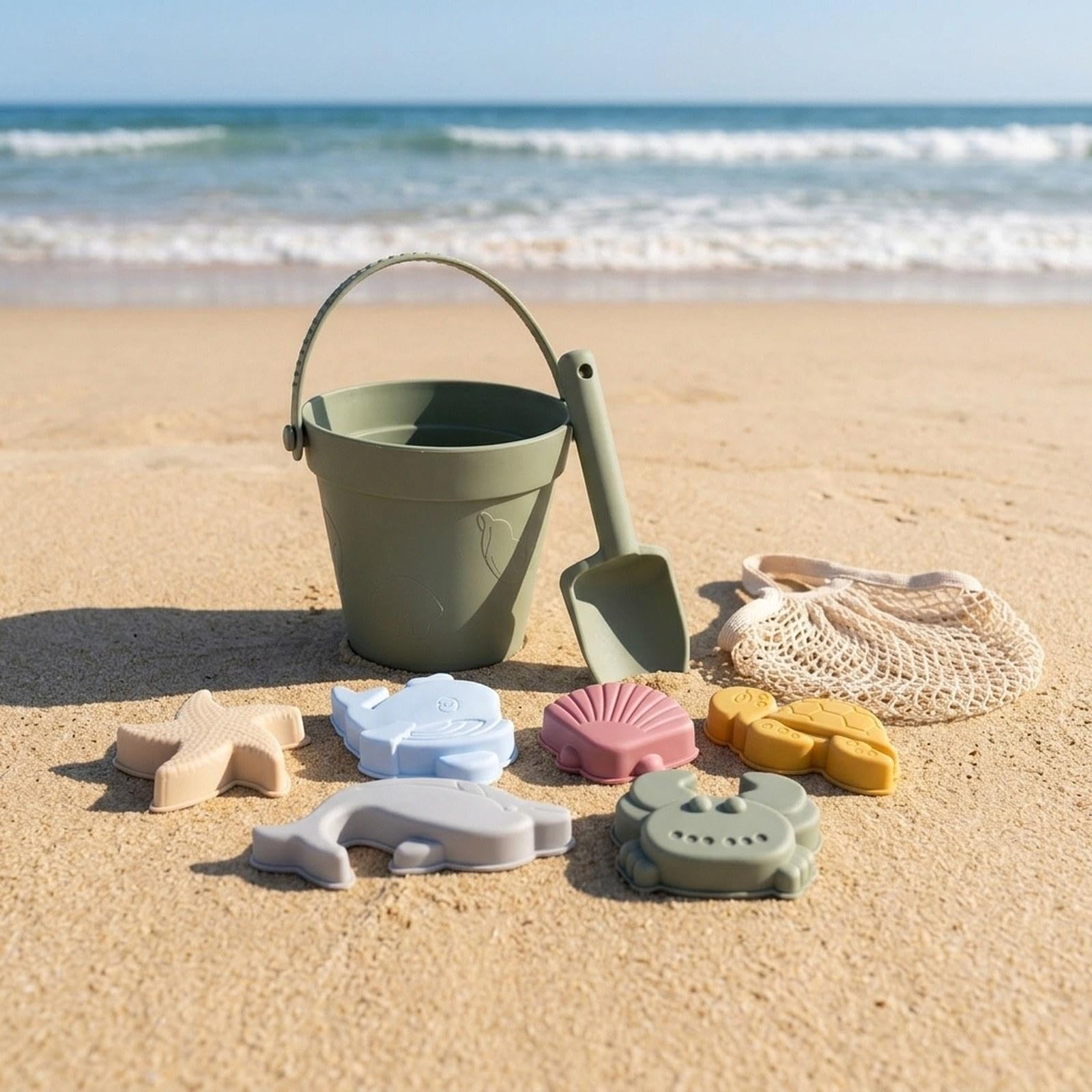 Jouets de Plage Seau Sable Silicone Moules Marin Sac de Transport Pratique et Adapté Aux Jeux Enfants Plein Plage Jardin En Toute, Vert