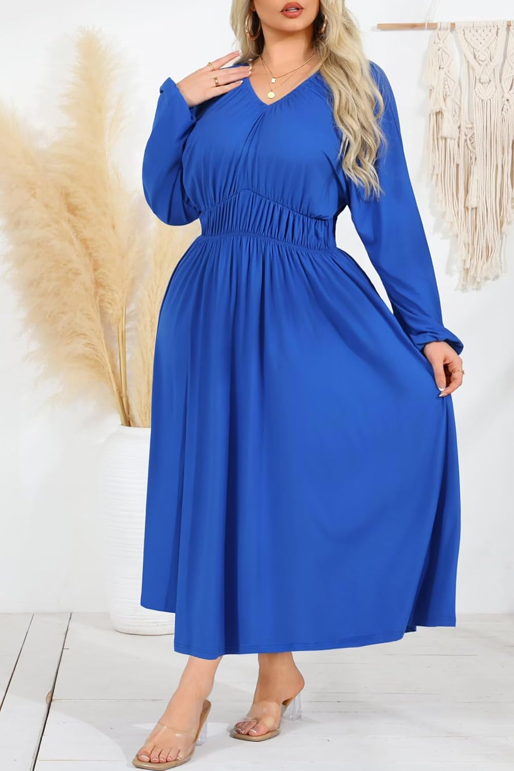 EDITCOZY Women Plus Size Wedding Guest Maxi Dresses Curvy Casual Long Sleeve V Neck Flowy Fall Long Dress - Image 3