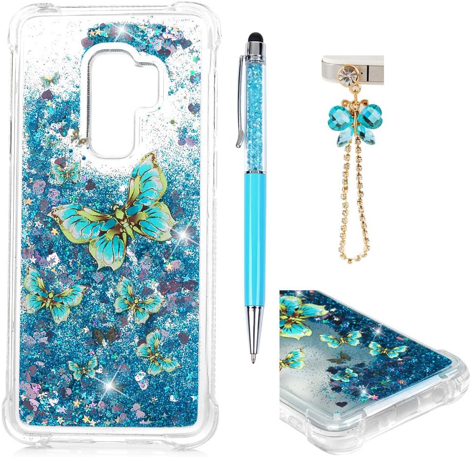 Compatible with Samsung Galaxy S9 Case, S9 Liquid Case Fashion Creative Design Floating Luxury Bling Glitter Sparkle Cover TPU Bumper Shockproof Skin, Totem Flower (Blue Butterfly)