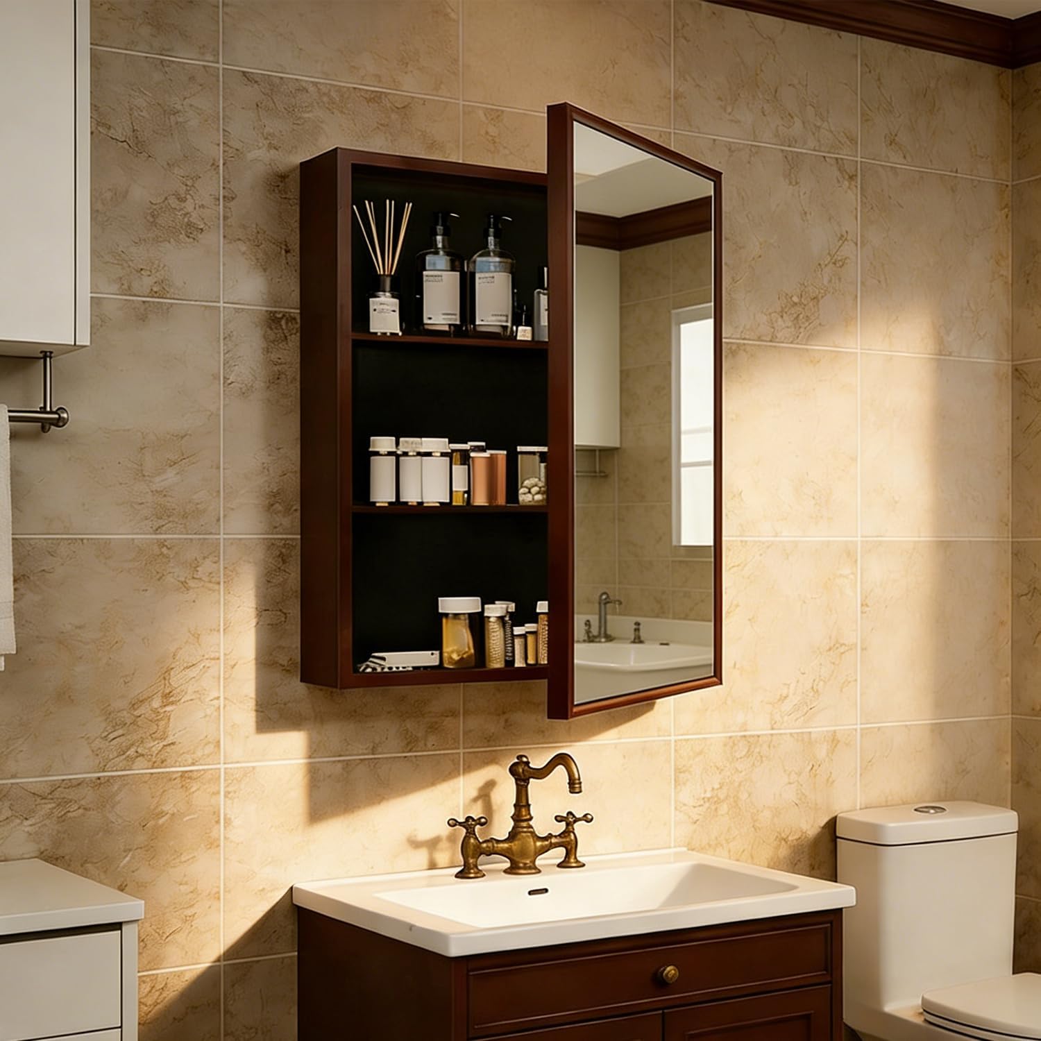 Wood Framed Medicine Cabinet Organizer with Mirror, Surface Mounting or in-wall Installation (Brown, 18x24)