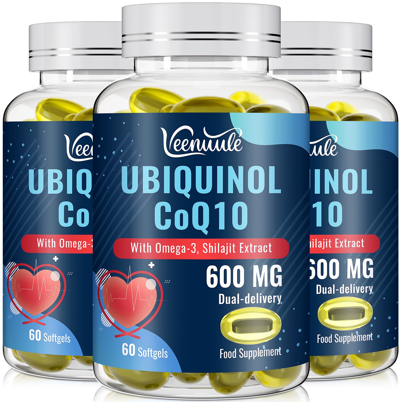 Ubiquinol CoQ10 600mg Softgels with Shilajit Extract 300mg, Omega-3 150mg - Dual-delivery System - Enhanced Absorption for Maximum Active CoQ10 Utilization (60 Count, Pack of 3)