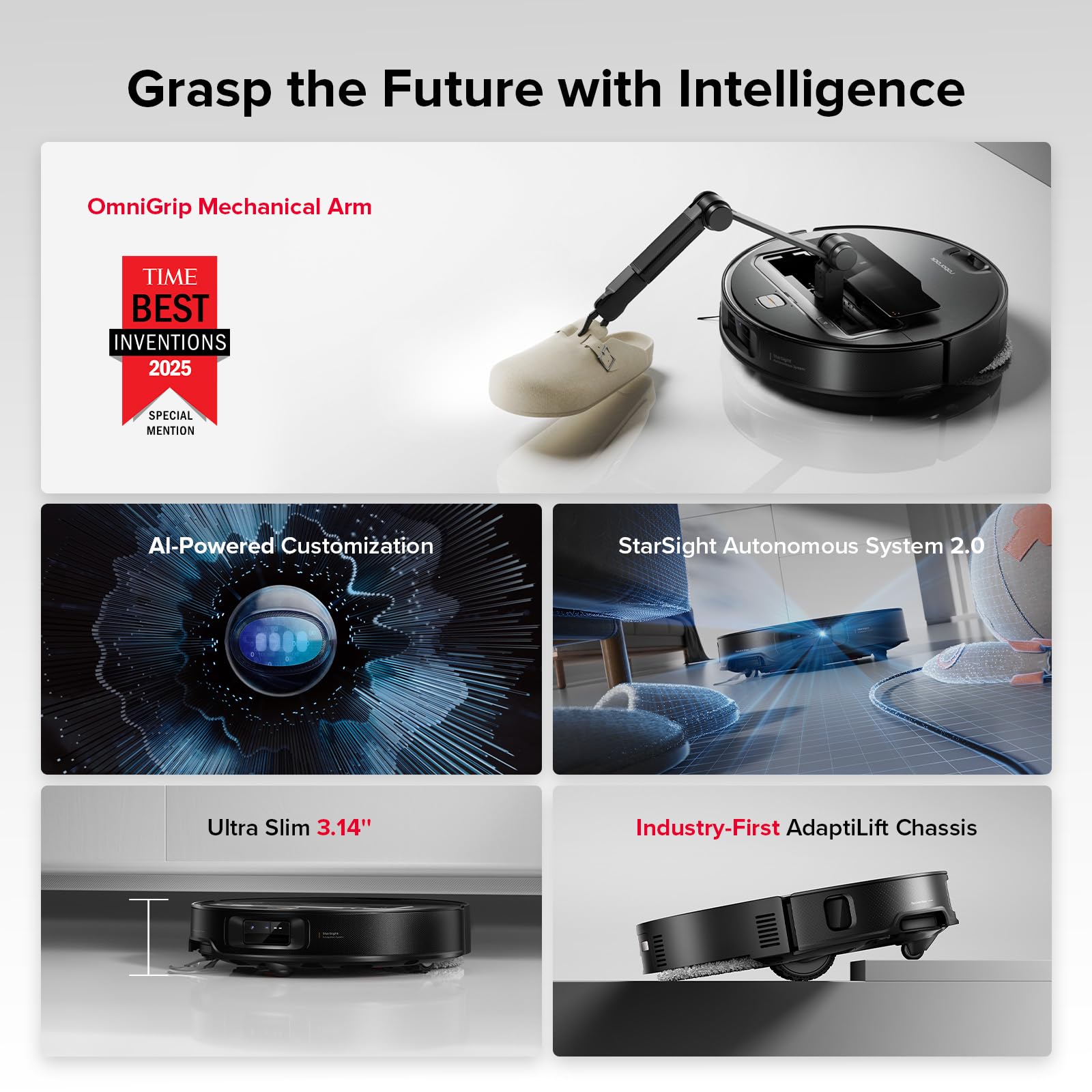 roborock Saros Z70 Robot Vacuum and Mop, OmniGrip Arm, AI-Powered, 22,000Pa Suction, 3.14’’ Ultra Slim, FlexiArm Riser Technology, AdaptiLift Chassis, Obstacle Avoidance, Auto Mop Washing & Drying: Black