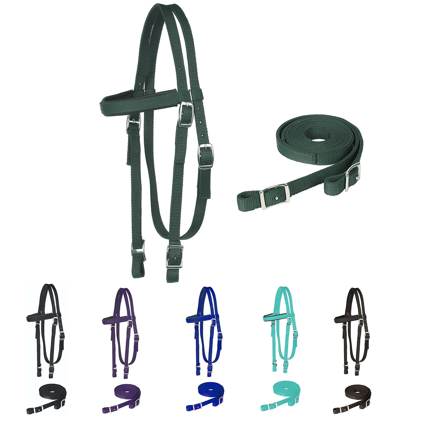 Majestic Ally Nylon Padded Browband Headstall with Reins for Horses (Hunter Green, Full)