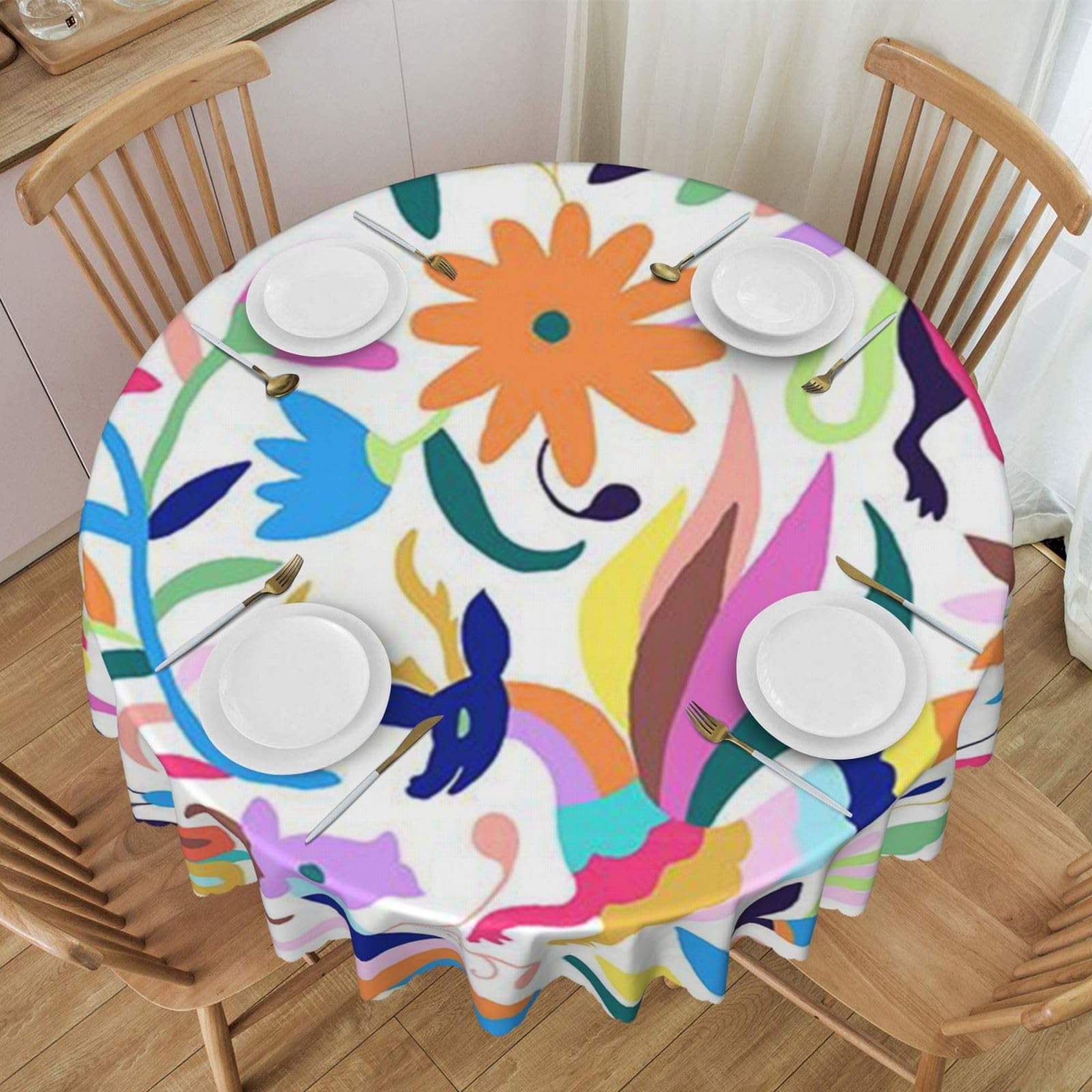 DCEHGEW 60 In Round Tablecloth with Lace, Mexican Otomi Animals Printed Oilproof & Washable Fabric Picnic Table Cloth Table Covers