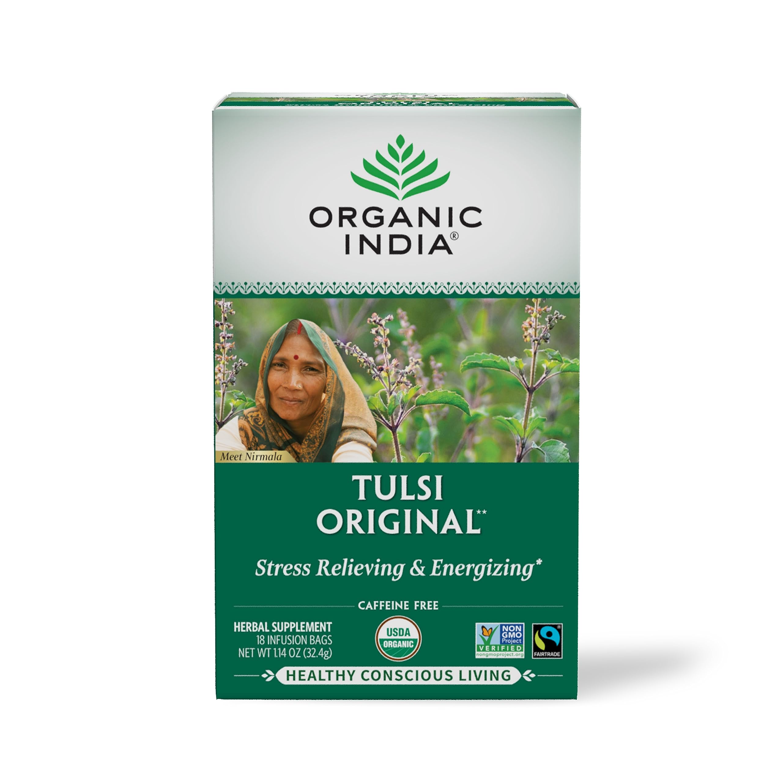 Tulsi Original Herbal Tea - Stress Relieving & Energizing, Immune Support, Adaptogen, Vegan, Gluten-Free, USDA Certified Organic, Non-GMO, Caffeine-Free - 18 Infusion Bags, 1 Pack