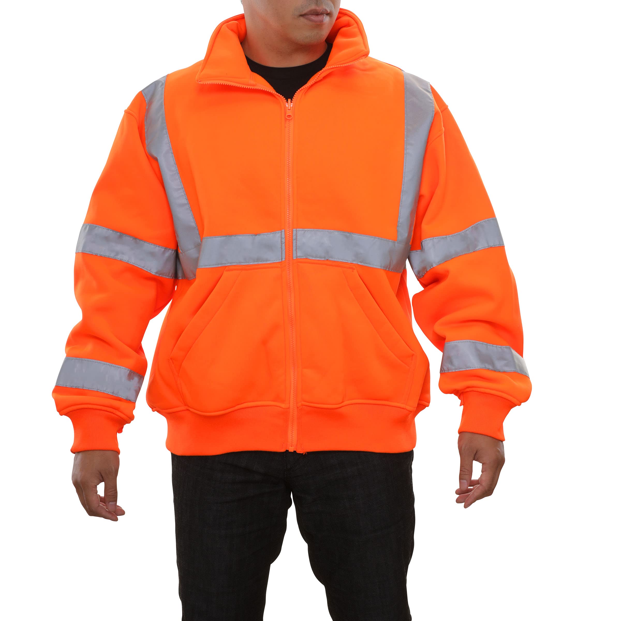 High Visibility Full Zip Safety Sweatshirt - ANSI Class 3, Removable Hood - Orange