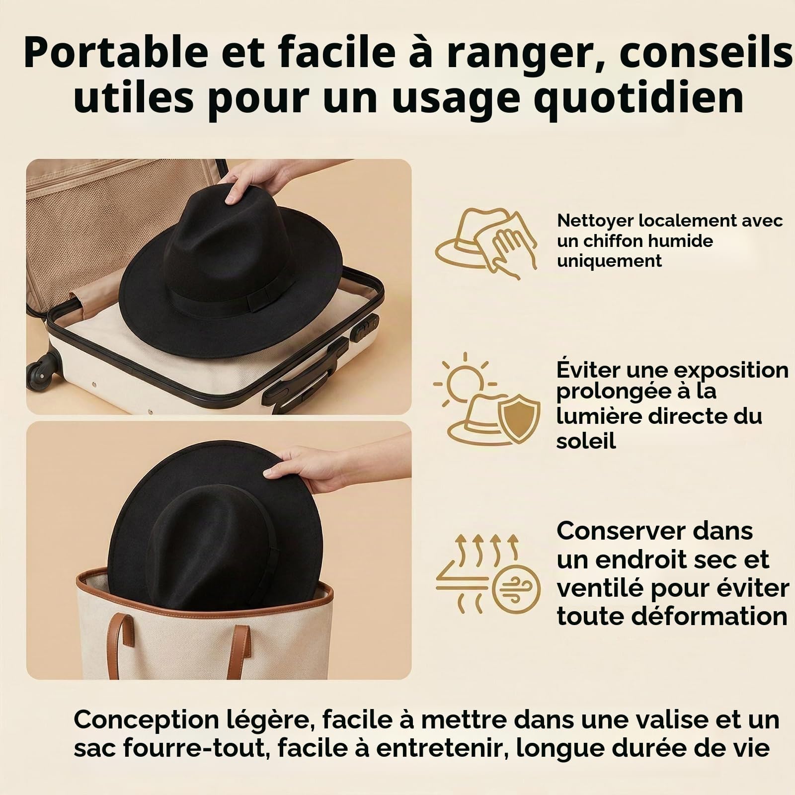 Chapeau Fedora à large bord pour femmes et hommes Upstore – Chapeau Panama classique en feutre avec bande (Circonférence de tête : 56-59 cm / 22-23 pouces) Noir