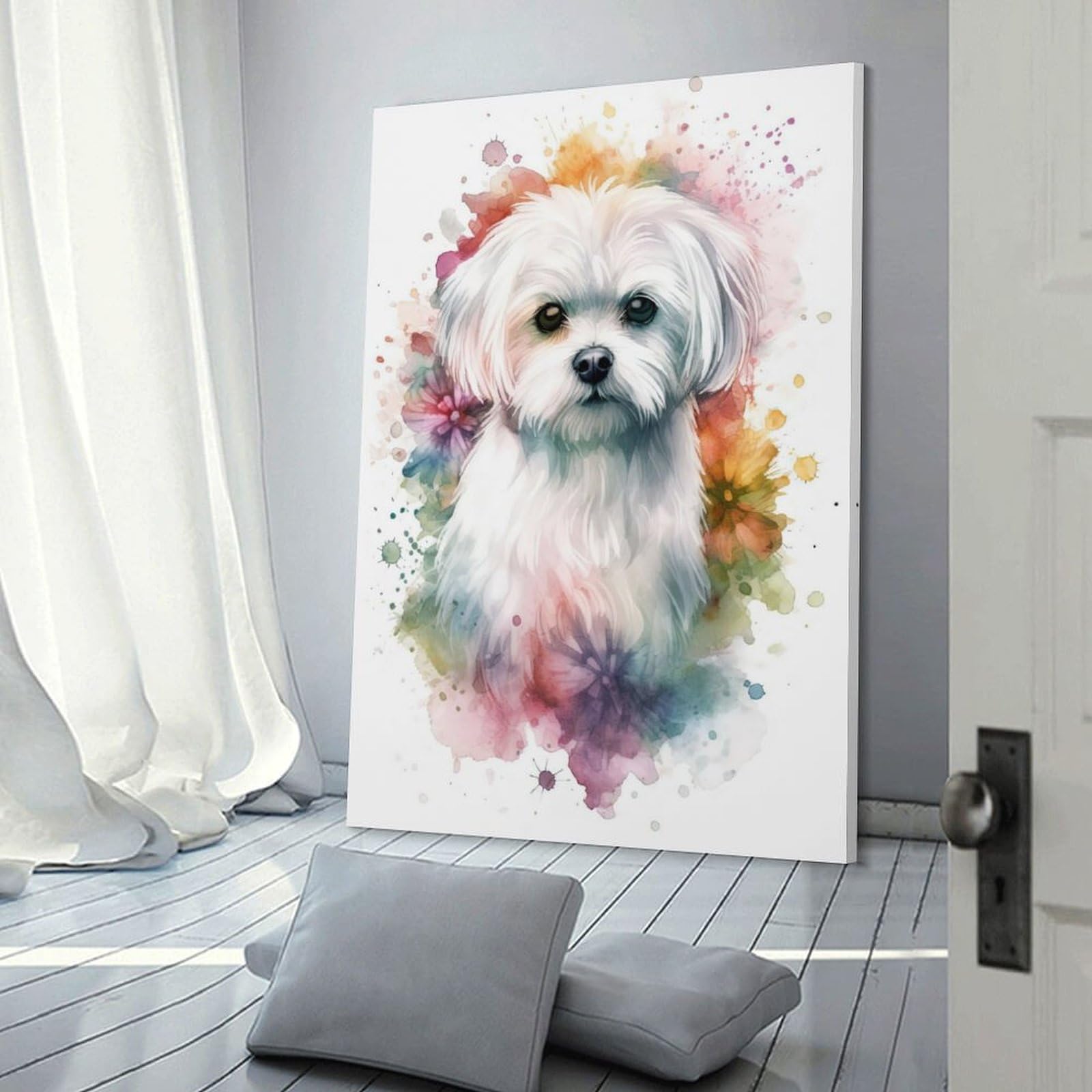 aaaaab Wanddekorationsposter mit Malteser-Hund in Aquarell, Leinwanddruck, modernes Leinwandbild, Wandbehang für Heimdekorationen, 40 x 60 cm