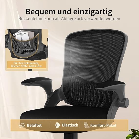 naspaluro Ergonomic Office Chair Desk Chair with Folding Armrests Height Adjustable Tilt Function Breathable Backrest Swivel Chair 360° Black