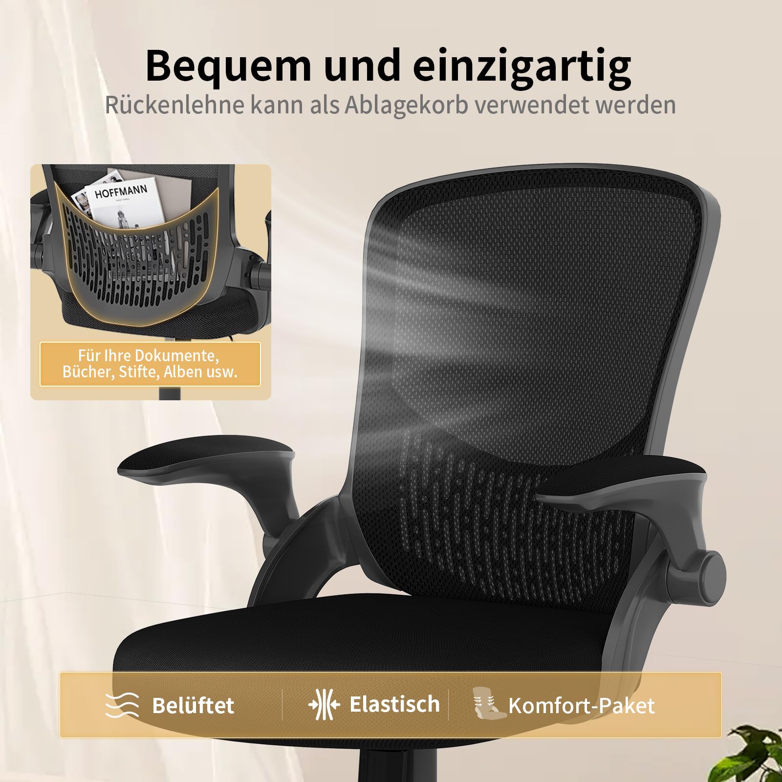 naspaluro Ergonomischer Bürostuhl, Schreibtischstuhl mit 90° Klappbaren Armlehnen, Einzigartige Lendenwirbelstütze, Atmungsaktive Mesh-Polsterung für das Heimbüro, Studie, Schwarz