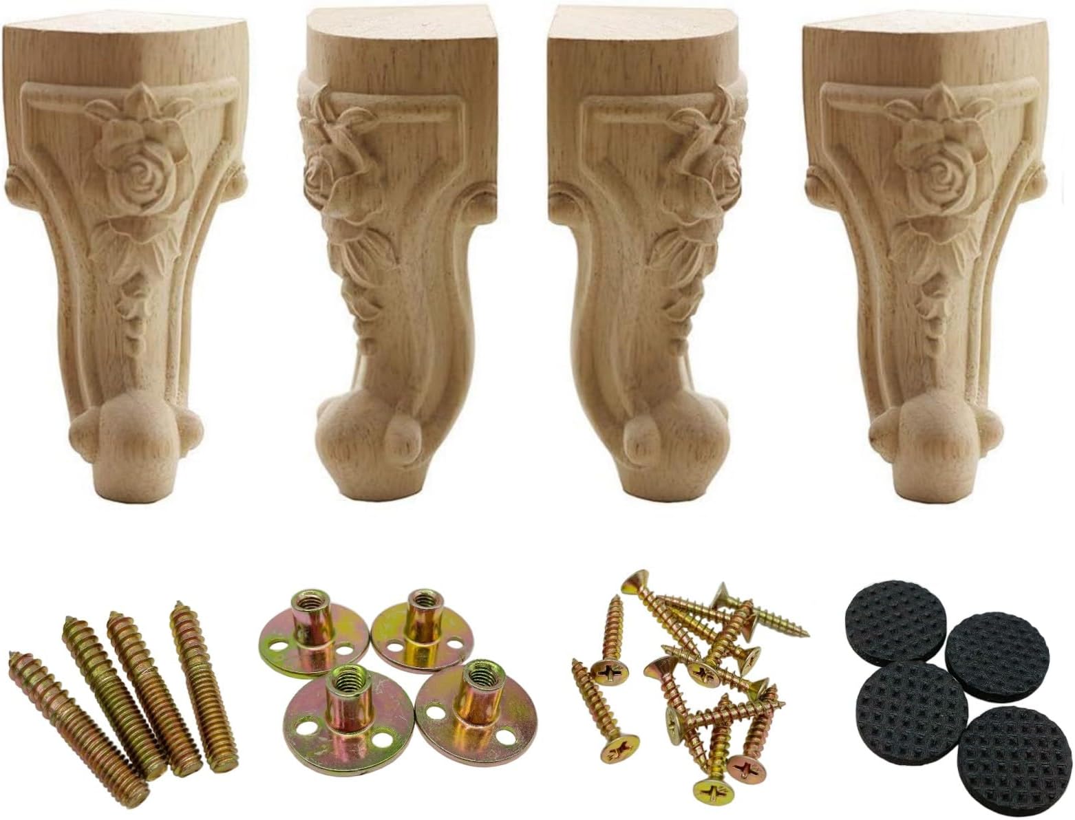 WEICHUAN Solid Unfinished Wood Carved Furniture Legs - Replacement Sofa Couch Chair Ottoman Loveseat Coffee Table Cabinet Furniture Wooden Legs & Feet (8" Set of 4)