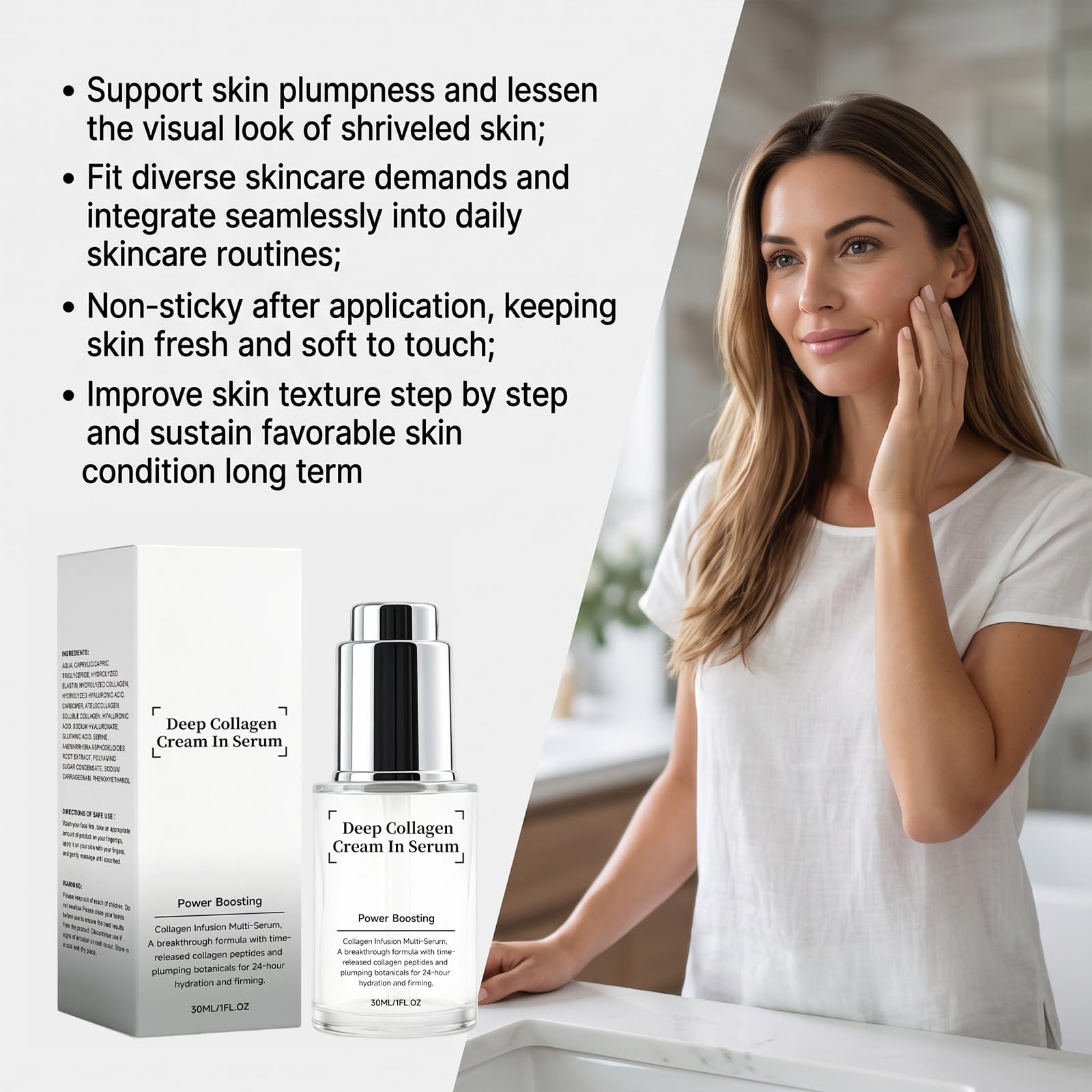 collagene marino acido ialuronico siero idratante viso 30ml | Idratante, rassodante e riparatore, adatto a tutti i tipi di pelle, per l'uso mattina e sera.