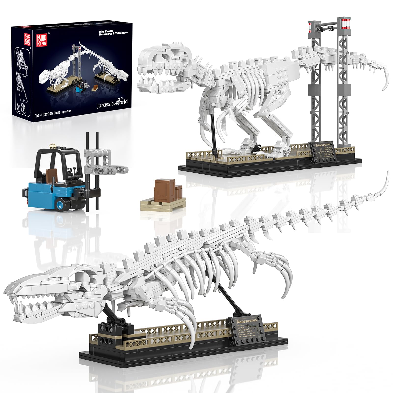 Mould King 29005 - Kit de construcción de Esqueleto de Dinosaurio - Velociraptor Mosasaurus - Bloques de construcción con Base - Regalos de colección para Adultos (1418 Piezas)