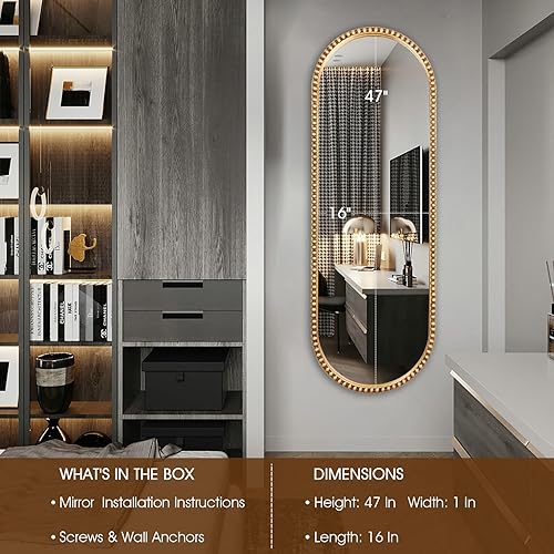 Miniatura 2 de Espejo ovalado de longitud completa, marco de cuentas de metal de 16 x 47 pulgadas, espejo grande para colgar en el suelo, para dormitorio, sala de