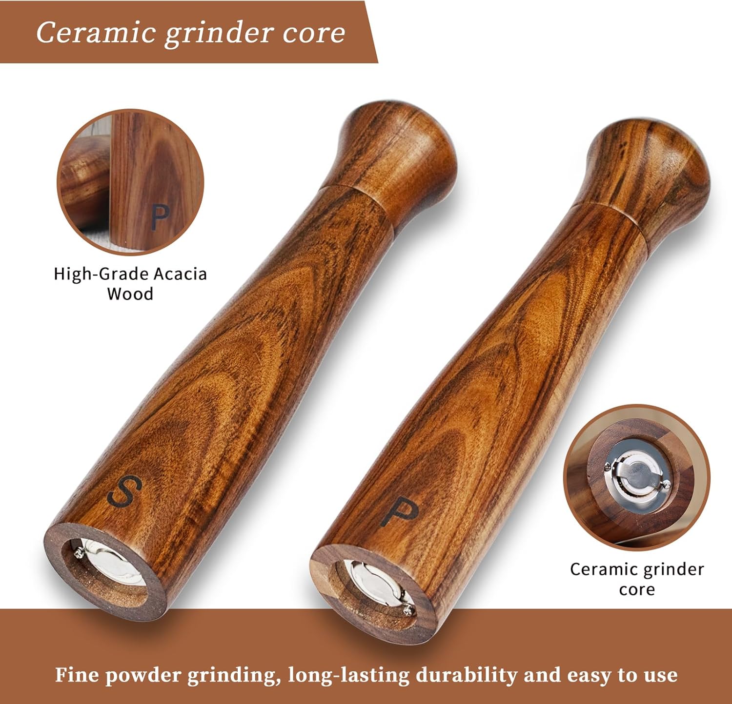 Pepper Grinder Set,Haomacro 10Inch Updated Manual Wooden Pepper Shaker Set,Oak Wood Salt Mill Pepper Grinder Set Refillable with Adjustable Ceramic Rotor 2Pcs