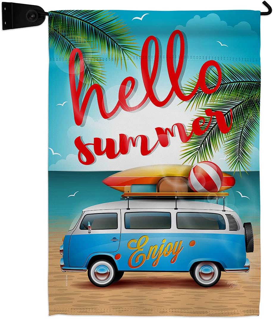 Hello Summer Enjoy Bus Garden Flag Set Wall Hanger Summertime Fun and Sun Beach Pool Luau Tropical Party Season Outdoor Sunny Small Gift Yard House Banner Made In USA 13 X 18.5