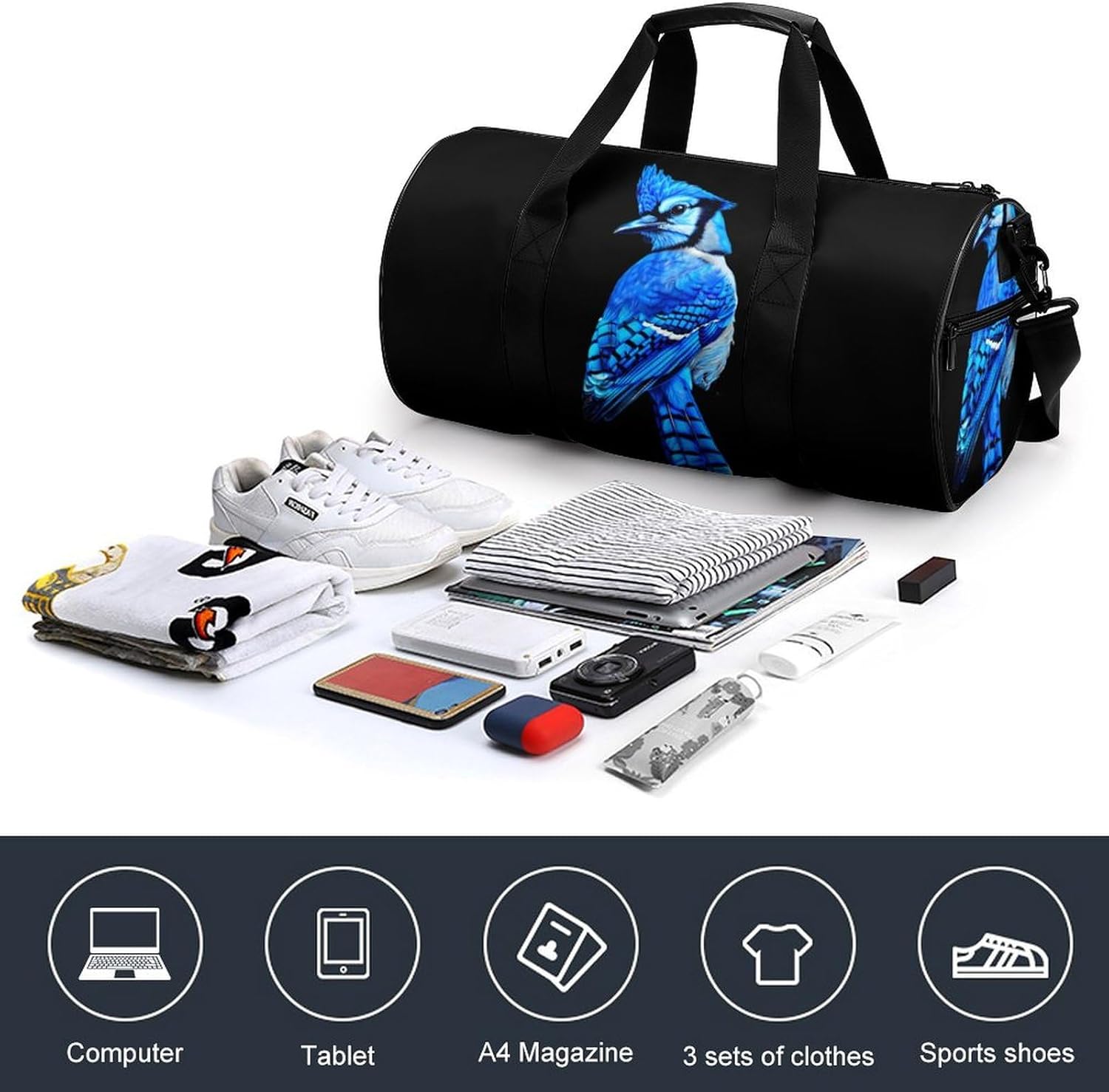 Blue Jay Bird Print Gym Sport Bag Travel Duffel Bags Weekender Carry on Tote Bags for Women Men