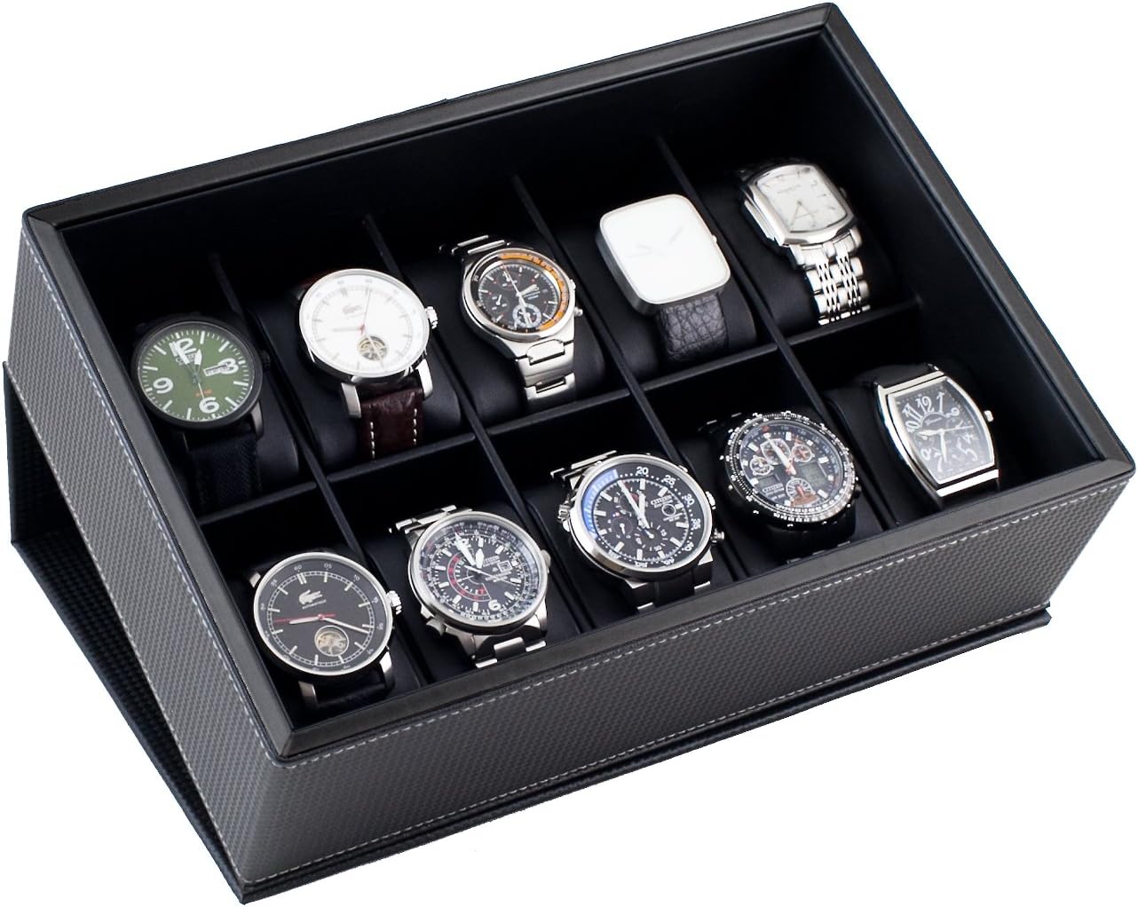 Watch Case Display Box Holds 10 Large Watches with Black Carbon Fiber Pattern Exterior and Jet Black Trim
