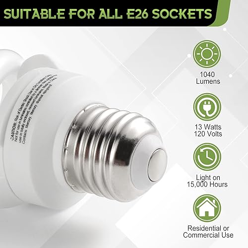 Miniatura 3 de UNITEDLUX Bombillas E26 CFL en espiral de base media de 13 vatios (equivalente a 60 vatios), color blanco suave de 2700 K, 1040 lúmenes, luz