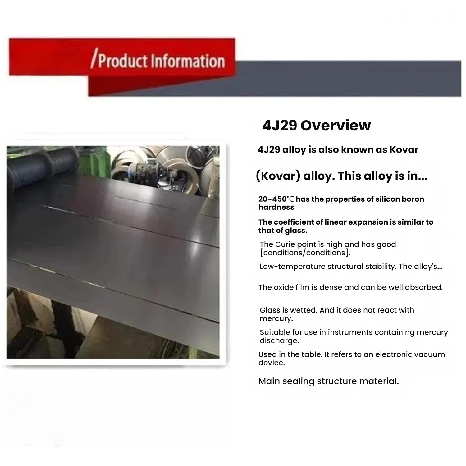 4J29 Kovar Alloy Strip Low Expansion Iron Nickel Cobalt Glass Sealing Alloy Sheet Thin Plate 4J29 4mm×300mm×200mm