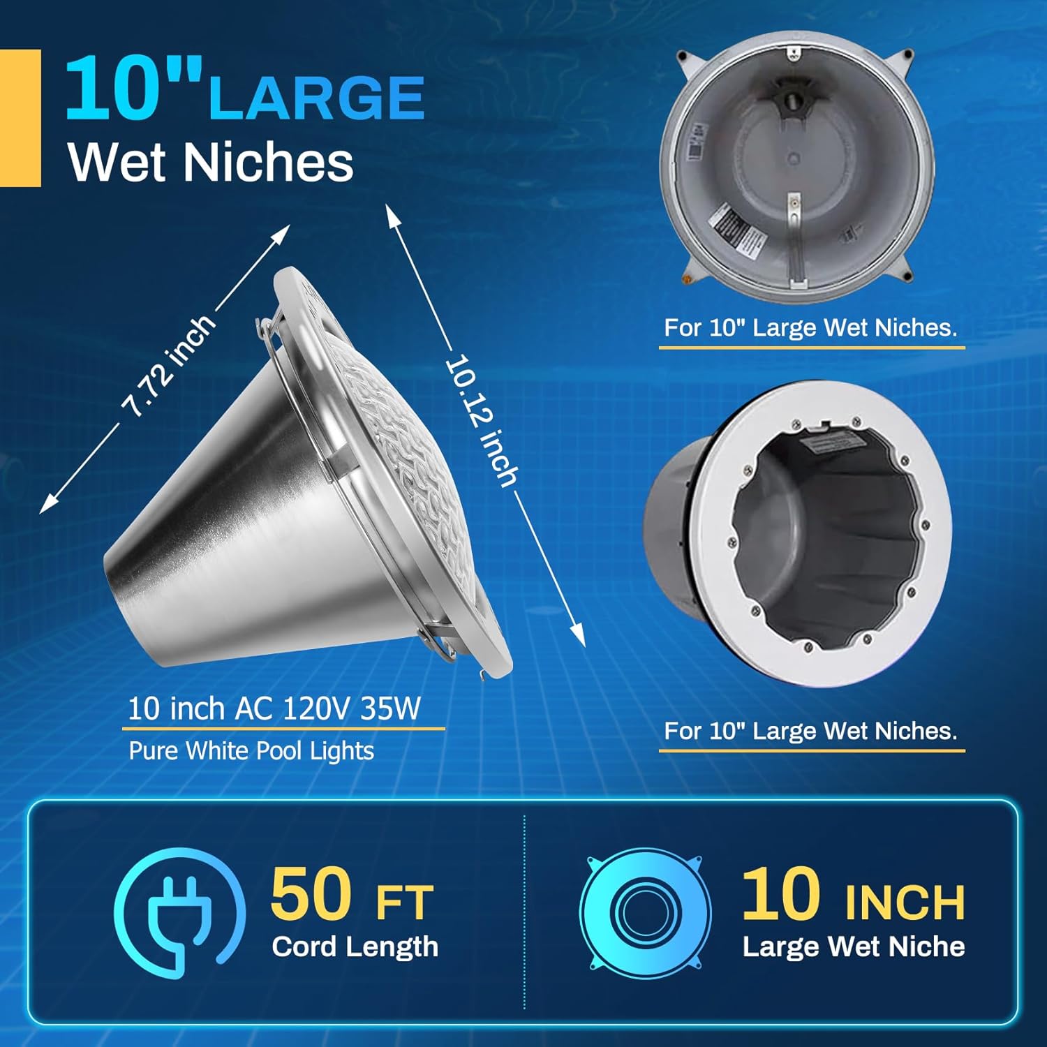 50FT AC120V LED Pool Lights, 10 Inch 35W Pure White Pool Light, Only for Replacement of 10 Inch Underground Pool Niches, Input Voltage AC 120V
