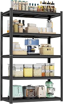 Kitchen Pantry Storage Shelves, 5-Tier Heavy Duty Metal Shelving Unit, Black Adjustable Deep Shelf Organizer for Pots, Pans, Food, and Pantry Items 5-35" W X 14" D X 71" H