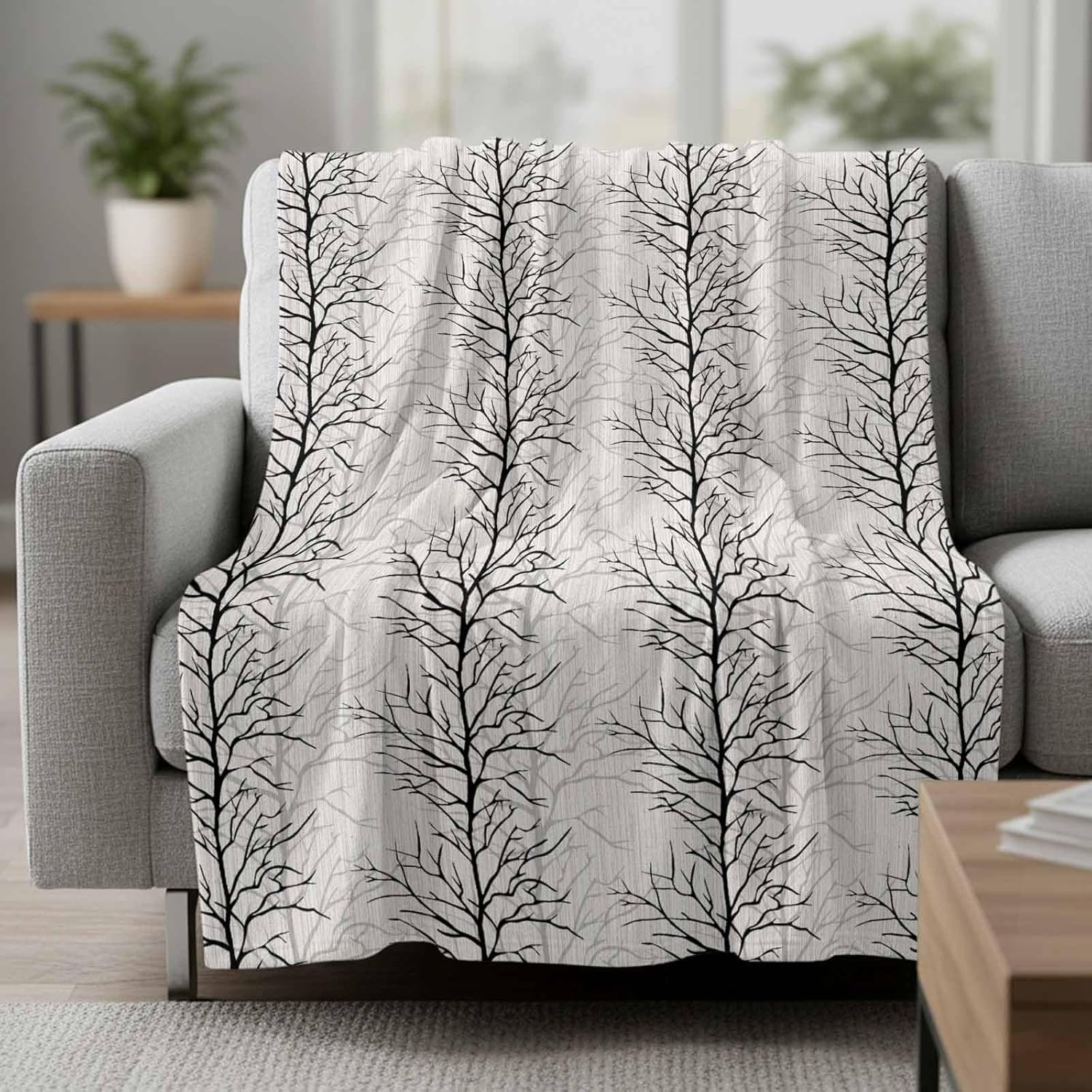Flannel Fleece Throw Blanket, Tree Branches Black Gray Soft Warm Fuzzy Cozy Blanket for Couch Bed Sofa Office Vintage Linen 50x60In