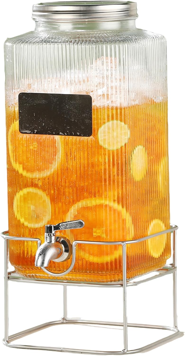 Lulonpon 6L(1.6 Gallon) Glass Drink Dispenser, Beverage Dispenser with Stainless Tap, Glass Water Juice Dispensers with Metal Stand, Water Jug with Tap Perfect for Parties,Weddings,Birthdays