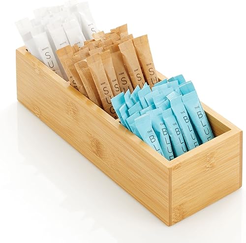 Miniatura 1 de mDesign Contenedor de almacenamiento dividido de bambú, organizador de cajones para armario de despensa de cocina, estante, encimera de isla,