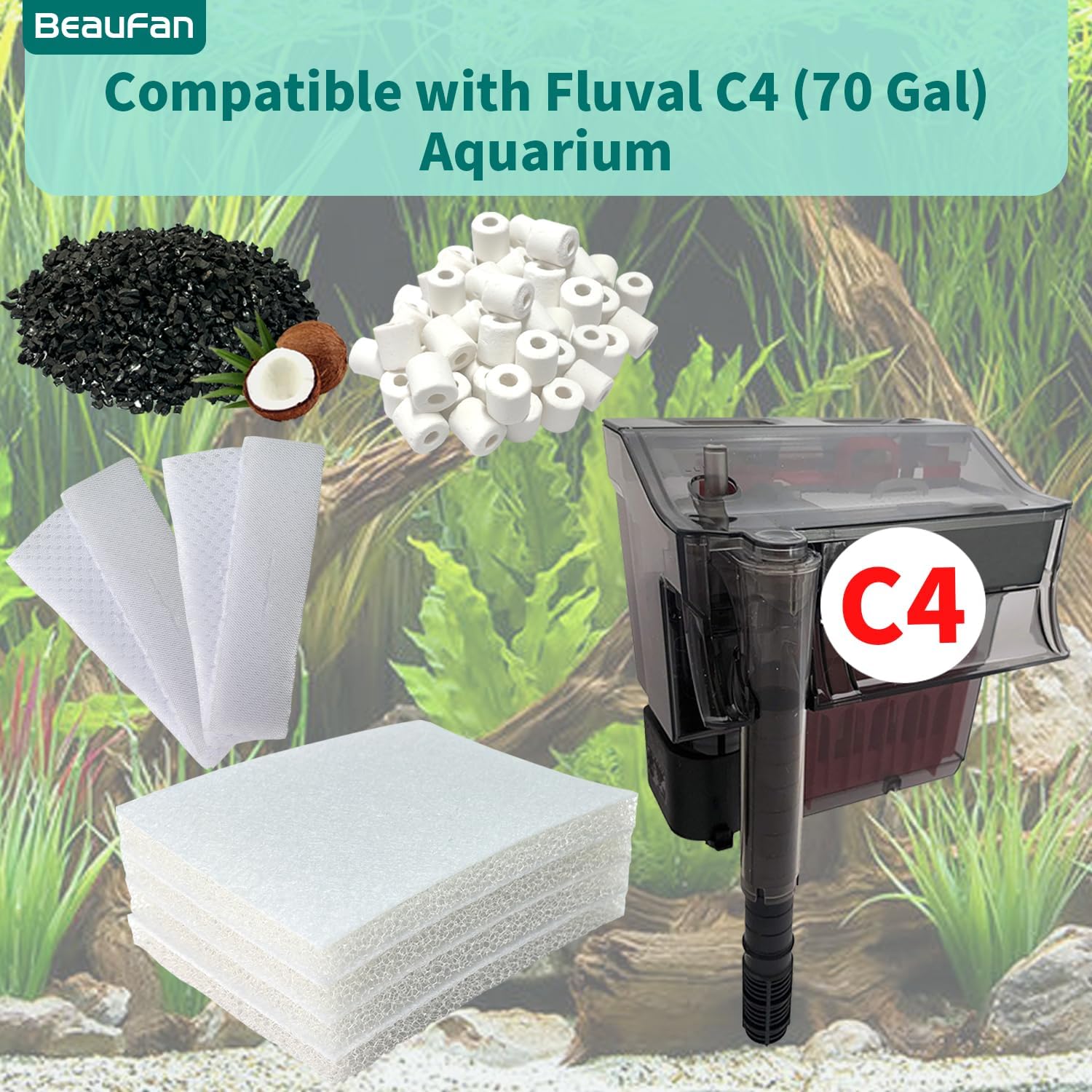 13 Set Aquarium Filter Media Kits Replacement for Fluval C4 (40-70 Gal) Aquarium Power Filter, Includes 4 Foam Pads, 4 Tarpaulins, 4 Activated Carbons, 1 Ceramic Ring