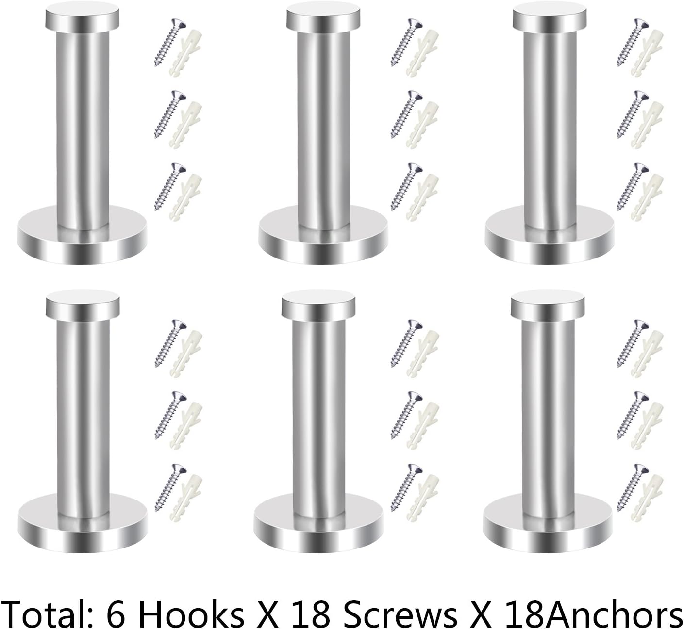 EBOOT 6 Pieces Stainless Steel Wall-Mount Robe Hook Coat Hook Towel Wall Hook, Brushed Nickel (3 Inch, Silver)