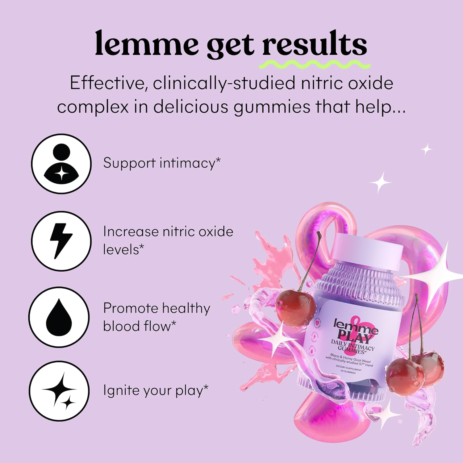 Lemme Play Daily Intimacy Gummies for Women and Men w/Clinically-Studied S7 Nitric Oxide Complex for Healthy Blood Flow, Maca Root, Goat Weed - Cherry Flavored (60 Count) - Image 2
