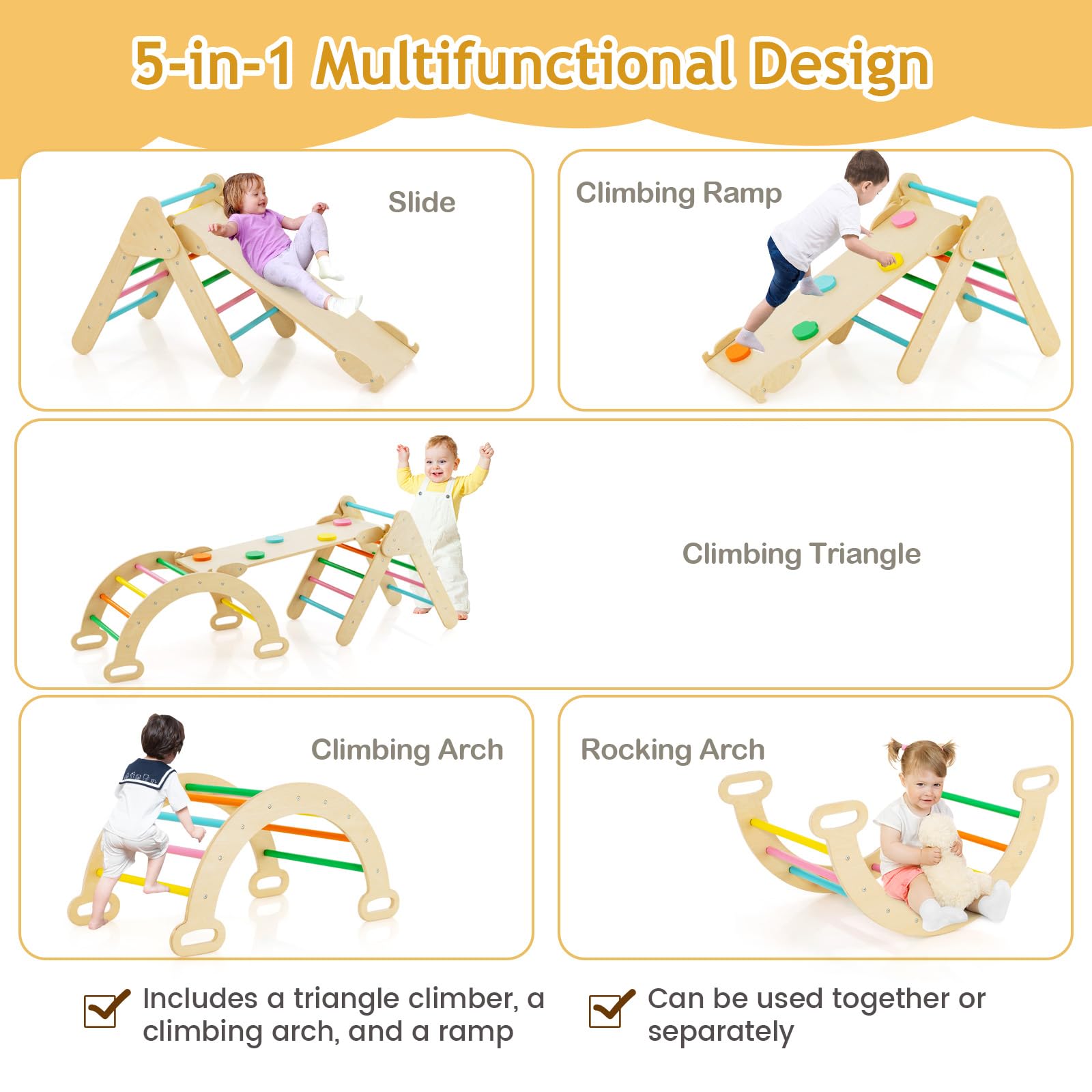 HOMASIS Triángulo de Escalada Multiusos 3 en 1 para niños, Juguetes Montessori con Tobogán Rampa Arco, Juego de Escalada con Slide Aprendizaje para Guardería Casa, para niños de 1+ año (Multicolor)