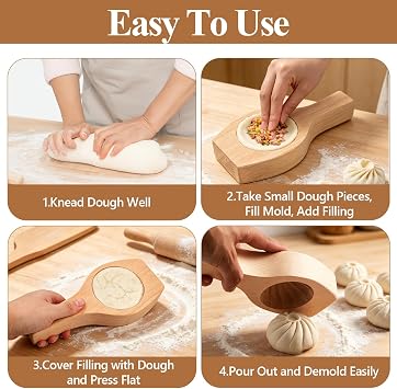 Bao Bun Maker、木製スチームモールド Baozi MakerマシンDIY蒸しホームキッチンベーキングクッキング中国ケーキクッキースタンプムーンフラワーシェイプミッドモールドウッドペストリーツール完璧な生地形成