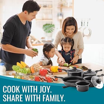 Value Plus Pendeford Cookware Set | Non-Stick Carbon Steel Pans, Tempered Glass Heat Resistant Lids | Easy Clean, Lightweight, Dishwasher Safe | For All Hobs Except Induction, Multi-Colour