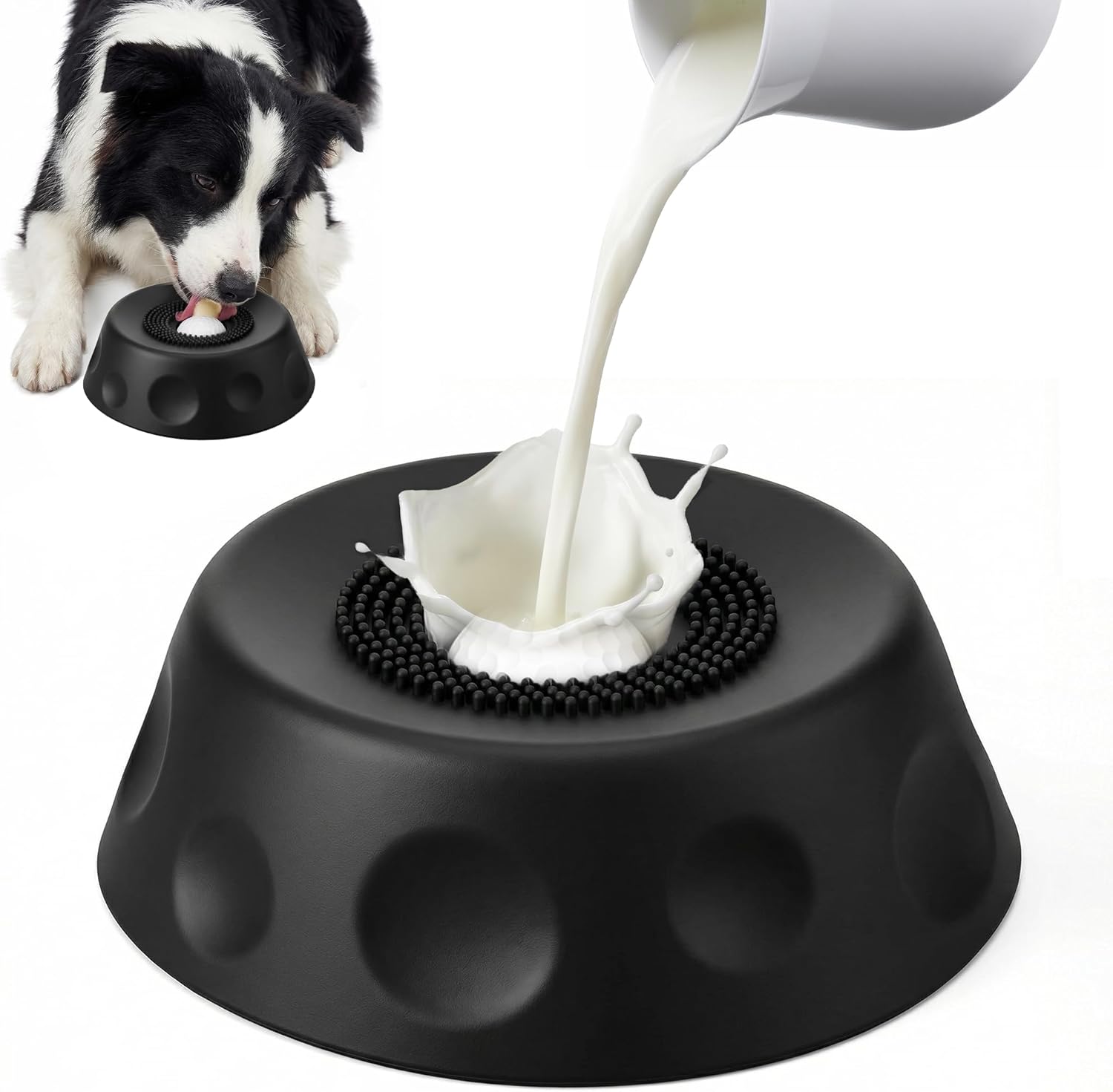 Homgaty Dog Licking Bowl with Rolling Ball - Slow Feeder Dog Lick Bowls for Yogurt Liquid Treat, Anti-Slip Entertained Bone Broth 5/6 Cup Pup Licking Toy for Large Medium Small Pet Cats Dietary Black