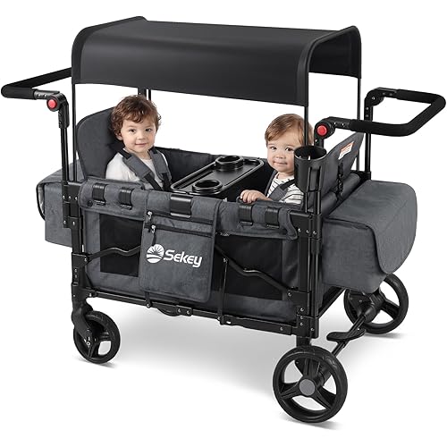 Sekey Wagon Stroller for 2 Kids, Luxury 4-in-1 Stroller Wagon - Premium Quality with Convertible Seats, Adjustable Push Handles, Removable Canopy, Snack Tray & Cooler, US Certified