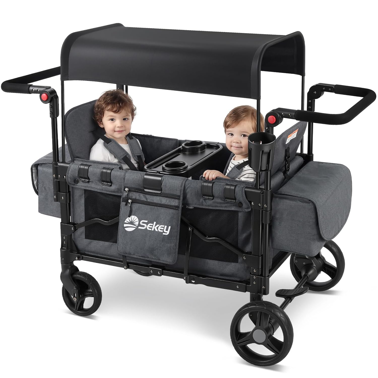 Sekey Wagon Stroller for 2 Kids, Luxury 4-in-1 Stroller Wagon - Premium Quality with Convertible Seats, Adjustable Push Handles, Removable Canopy, Cup Holder, Snack Tray & Cooler, US Certified