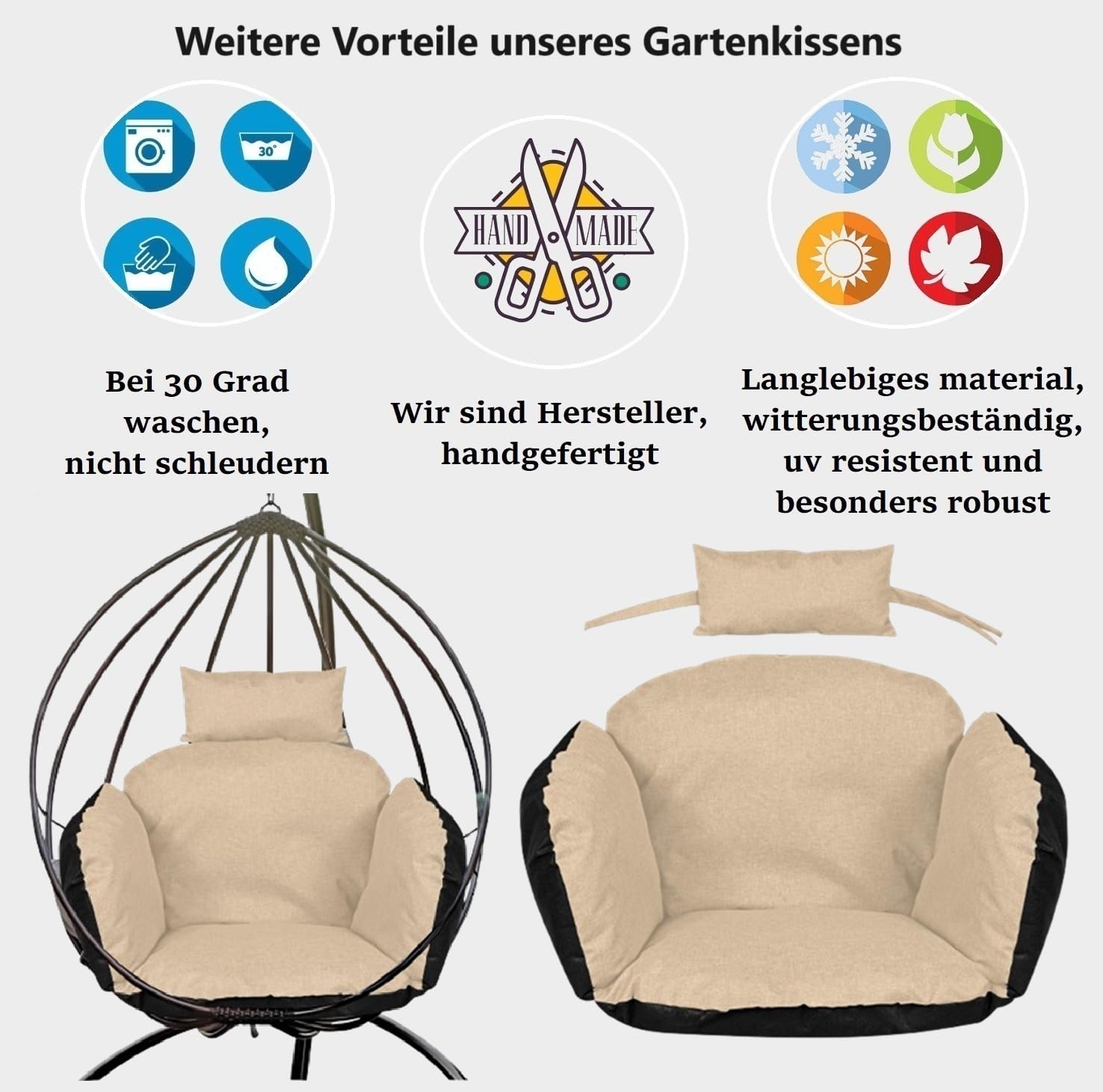 Hängesessel-Kissen Sitzkissen mit Rücken Kopfstütze Ei-Schaukelkissen Auflage für Hängeschaukel Polsterauflage Pflegeleicht Wasserfest