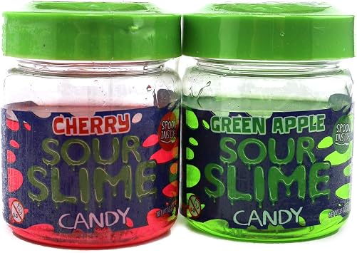 Sour Slime Liquid Candy (3 Pack Assorted) Cherry and Green Apple, Spoon Inside Lid. with 2 GosuToys Stickers