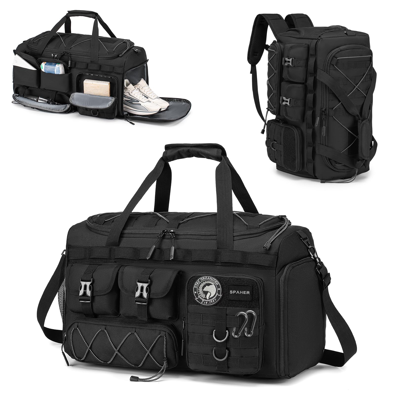 SPAHER 50L Large Gym Bag for Men Sports Duffle Cabin Bag 55x35x25 Air France KLM 3 in 1 Military Tactical Travel Backpack Rucksack with Shoe Compartment Holdall Overnight Weekend Kit Bug Out Bag