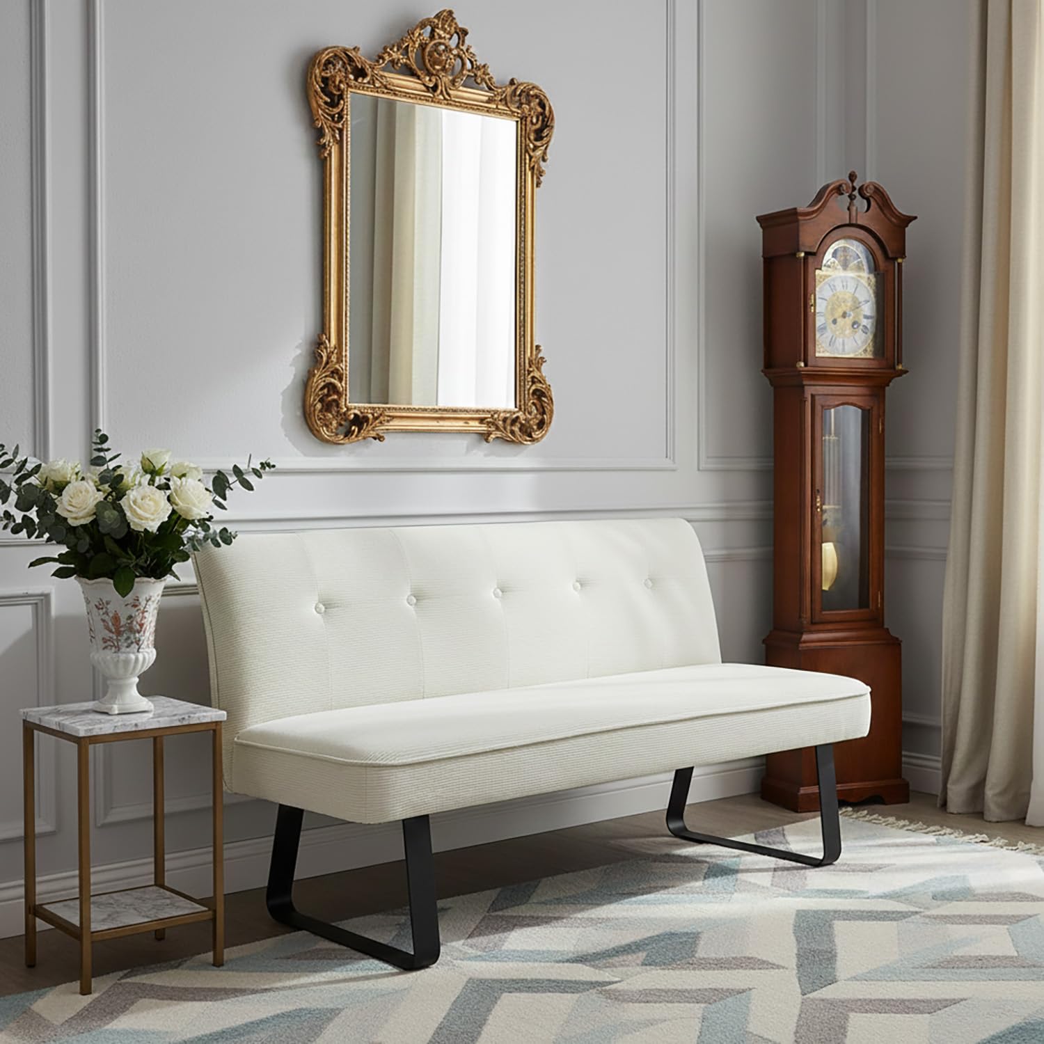 DUBI Möbel Sitzbank Emilia 160 cm mit Federkernpolsterung – Moderne Esszimmerbank Cord Creme – Gepolsterte Küchenbank mit 17 cm Polsterung & Metallbeinen Schwarz