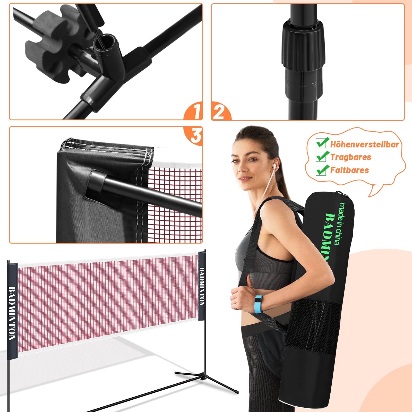 Ikodm Badmintonnetz Badminton Netz Tennisnetz Tragbares Federball mit Verstellbaren höhenverstellbar faltbares Federball Netz für Garten Indoor Outdoor Trainingsnetz