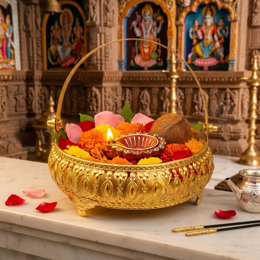 6 Inch Decorative Metal Puja Flower Basket with Handle, Gold Finish Fruit Basket for Dry Fruits, Chocolates, Return Gifts, Wedding Decoration & Home Décor-image-45