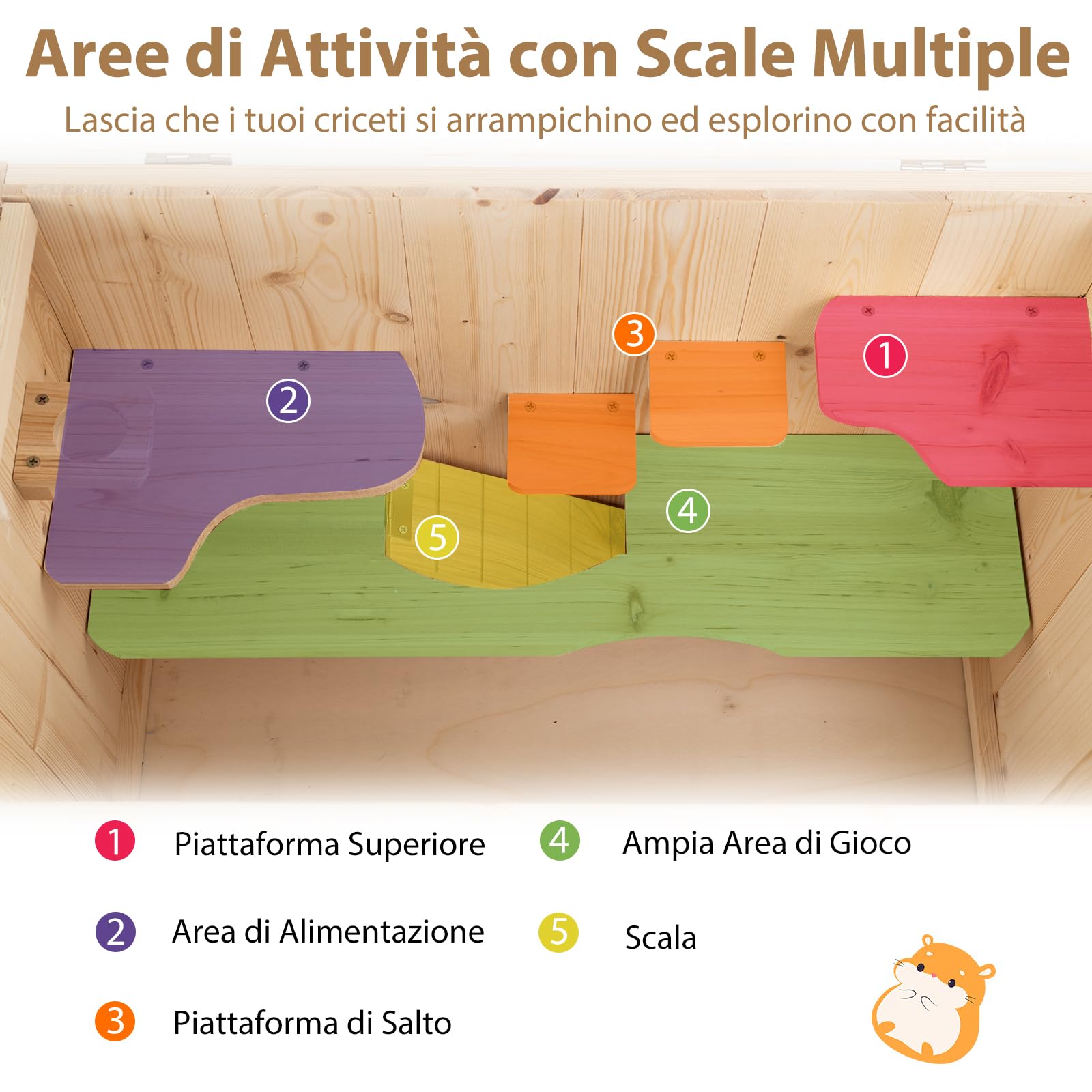 COSTWAY Gabbia per Criceti, Gabbia Criceti in Legno con Tetto Ribaltabile in Rete, Aree Multi-Scala, Rampa, Pannello in Acrilico e Porta Bloccabile, 60 x 35,5 x 42 cm