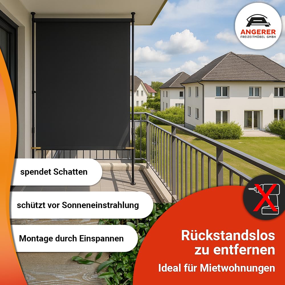 Angerer Balkonsichtschutz, Senkrechtmarkise mit Handkurbel, Terrasse/Balkon, Montage ohne Bohren, Made in Germany, hochwertiger Stoff, UV-beständig, höhenverstellbar, wasserabweisend, 150 cm Hellgrau