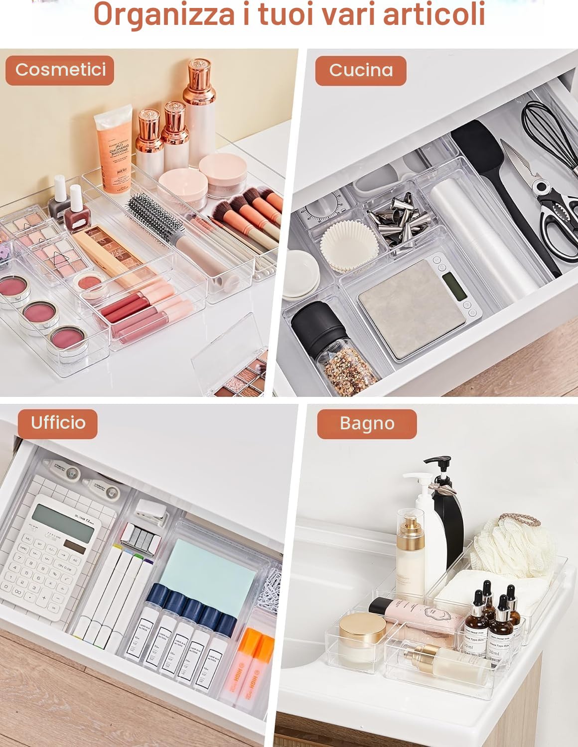 Collazoey 30 Organizer per cassetti trasparente con scatola,4 dimensioni Organizzatore per toeletta, organizer trasparente antiscivolo per trucchi per bagno, cosmetici, toeletta, cucina, ufficio
